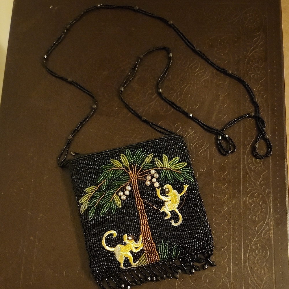 Vintage Beaded Black Crossbody Bag with Tropical Monkey Design